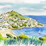 Aquarel·la amb una panoràmica del turó i la cala Montgó a l'Escala, Alt Empordà.