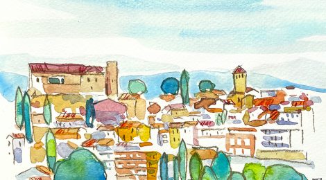 Aquarel·la amb una panoràmica d'El Papiol, municipi de la comarca del Baix Llobregat.