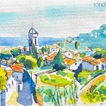 Aquarel·la amb una panoràmica del barri antic i el campanar de Premià de Dalt, al Maresme.