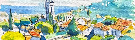 Aquarel·la amb una panoràmica del barri antic i el campanar de Premià de Dalt, al Maresme.