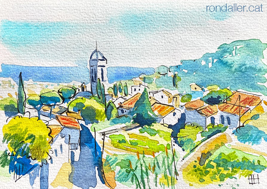 Aquarel·la amb una panoràmica del barri antic i el campanar de Premià de Dalt, al Maresme.