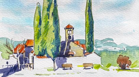 Aquarel·la de l'església romànica de Sant Sebastià de Montmajor, dins el terme de Caldes de Montbui, al Vallès Oriental.