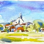 Aquarel·la amb una panoràmica de Sant Boi de Lluçanès, comarca a cavall entre Osona i el Berguedà.