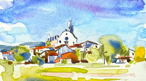 Aquarel·la amb una panoràmica de Sant Boi de Lluçanès, comarca a cavall entre Osona i el Berguedà.