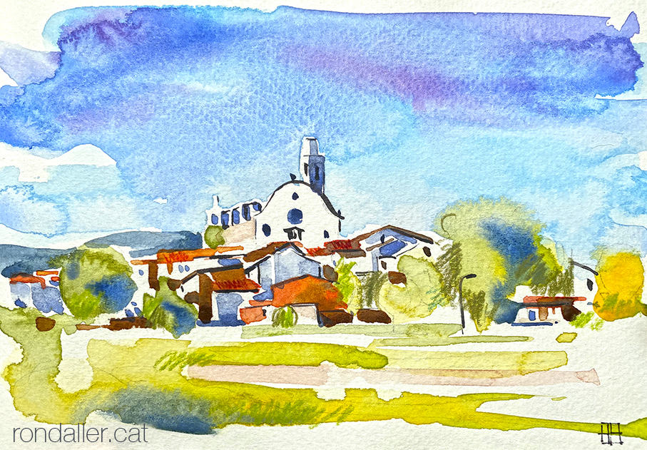 Aquarel·la amb una panoràmica de Sant Boi de Lluçanès, comarca a cavall entre Osona i el Berguedà.