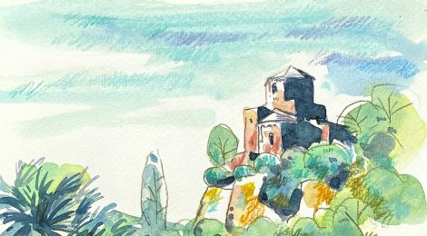 Aquarel·la de l'església romànica de Santa Maria de Cervelló, al Baix Llobregat.