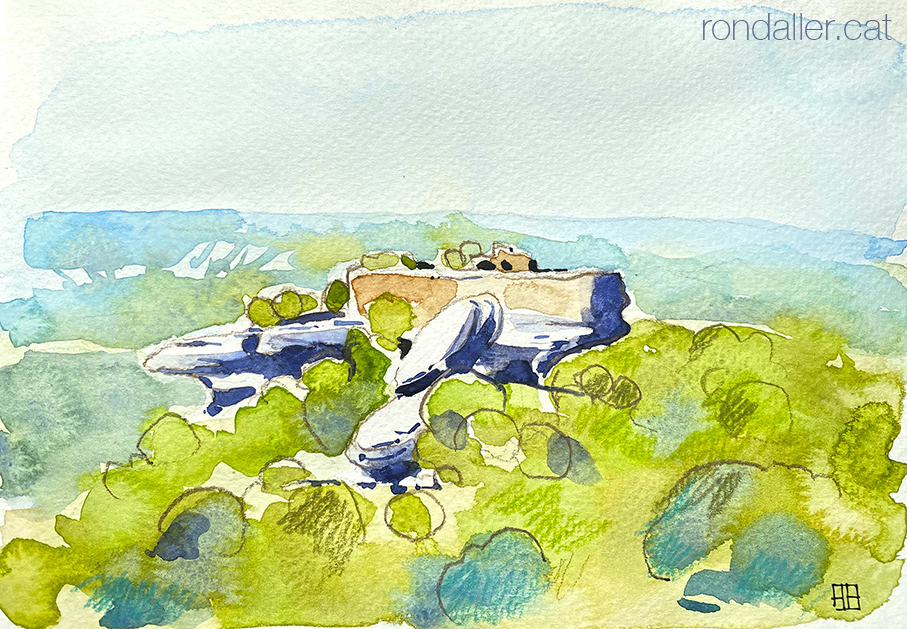 Aquarel·la del castell de Taradell (Osona), enfilat dalt d'una balma rocosa.