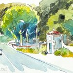 Aquarel·la de la primera estafeta de correus, situada a la carretera de Valldeix, a Mataró (Maresme).