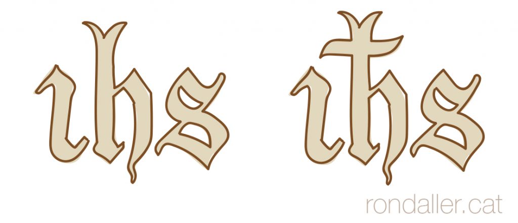 Croquis de la primera evolució del monograma IHS amb lletres minúscules gòtiques.