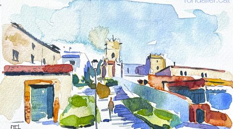 Aquarel·la d'Argentona, amb l'església gòtica de Sant Julià al fons.