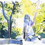 Aquarel·la de l'escultura d'un moai al Bosc Màgic d'Òrrius, dins el terme de La Roca del Vallès.