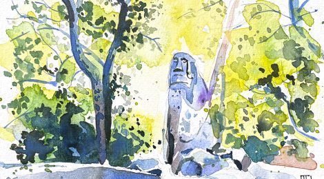 Aquarel·la de l'escultura d'un moai al Bosc Màgic d'Òrrius, dins el terme de La Roca del Vallès.