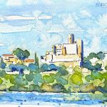 Aquarel·la amb una panoràmica de Castellet i la Gornal a l'Alt Penedès.