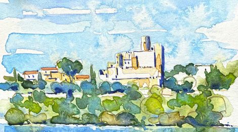 Aquarel·la amb una panoràmica de Castellet i la Gornal a l'Alt Penedès.