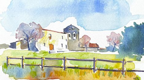 Aquarel·la de l'església de Sant Pere de Castellet, a l'Alt Penedès.