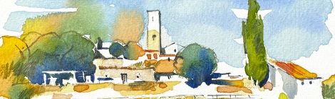 Aquarel·la del castell de Castellterçol, dins el Moianès, subcomarca del Vallès Oriental.