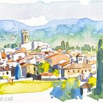 Aquarel·la amb una panoràmica de Castellterçol, al Moianès, Vallès Oriental.