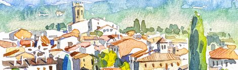 Aquarel·la amb una panoràmica de Castellterçol, al Moianès, Vallès Oriental.