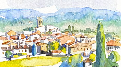 Aquarel·la amb una panoràmica de Castellterçol, al Moianès, Vallès Oriental.