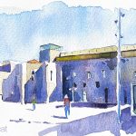 Aquarel·la del Convent dels Àngels de Barcelona, que actualment acull la secció d'audiovisuals del MACBA.