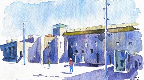 Aquarel·la del Convent dels Àngels de Barcelona, que actualment acull la secció d'audiovisuals del MACBA.