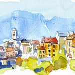 Aquarel·la del poble d'Espinelves a Osona, amb el campanar de l'església de Sant Vicenç.