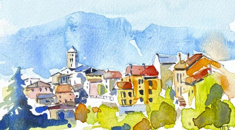 Aquarel·la del poble d'Espinelves a Osona, amb el campanar de l'església de Sant Vicenç.