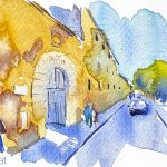 Aquarel·la del carrer del Carme de Barcelona, amb l'entrada al recinte de l'antic Hospital de la Santa Creu.