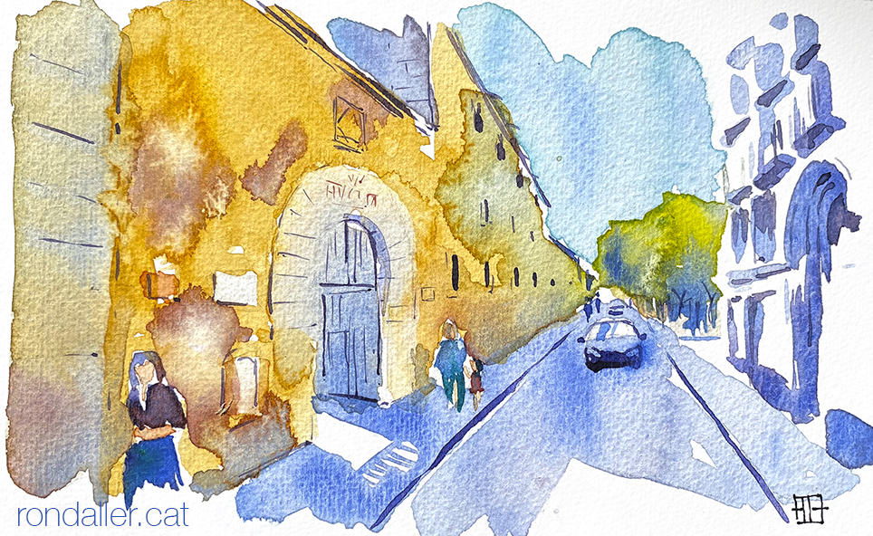 Aquarel·la del carrer del Carme de Barcelona, amb l'entrada al recinte de l'antic Hospital de la Santa Creu.