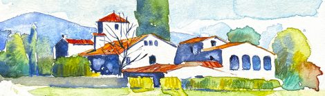 Aquarel·la de la masia de Can Comes a Lliçà d'Amunt, al Vallès Oriental.