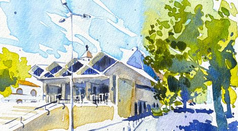 Aquarel·la de l'església parroquial del Prat de Llobregat, una obra brutalista projectada per Robert Terradas.