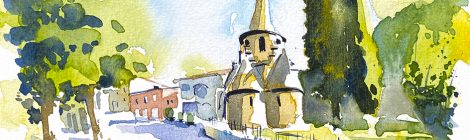 Aquarel·la de la capella modernista de Sant Miquel de la Roqueta a Ripoll.