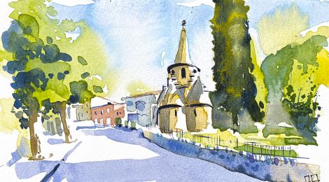 Aquarel·la de la capella modernista de Sant Miquel de la Roqueta a Ripoll.