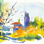 Aquarel·la de l'església de Sant Esteve del Coll, dins el terme de Llinars del Vallès, al Vallès Oriental.