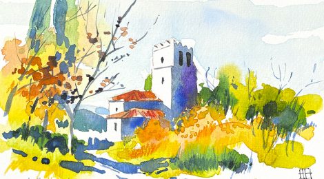 Aquarel·la de l'església de Sant Esteve del Coll, dins el terme de Llinars del Vallès, al Vallès Oriental.