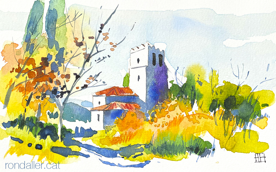 Aquarel·la de l'església de Sant Esteve del Coll, dins el terme de Llinars del Vallès, al Vallès Oriental.