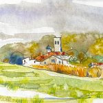Aquarel·la de l'església de Sant Esteve de Palaudàries, dins el municipi de Lliçà d'Amunt, al Vallès Oriental.