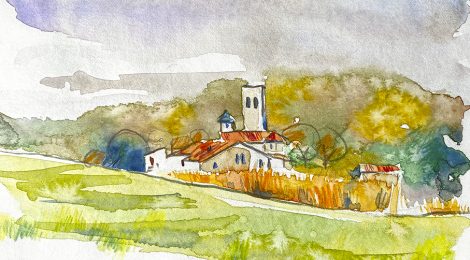 Aquarel·la de l'església de Sant Esteve de Palaudàries, dins el municipi de Lliçà d'Amunt, al Vallès Oriental.