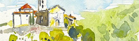 Aquarel·la de l'església romànica de Santa Maria a Sant Martí Sarroca (Alt Penedès).