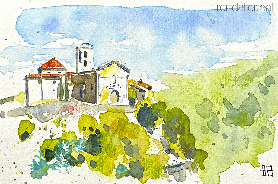 Aquarel·la de l'església romànica de Santa Maria a Sant Martí Sarroca (Alt Penedès).