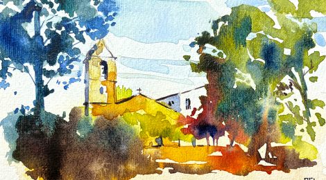 Aquarel·la del santuari de Santa Afra, al veïnat de Ginestar, situat a la Vall de Llémena, dins el terme de Sant Gregori (Gironès).