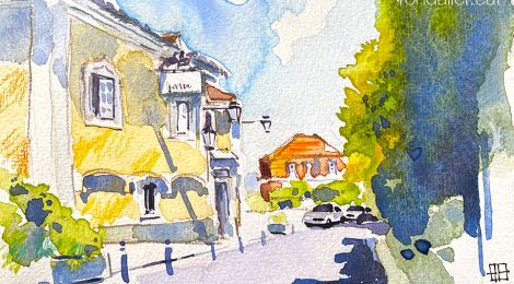 Aquarel·la del carrer Almeida Garrett de Sintra amb l'Hotel Lawrence en primer terme.