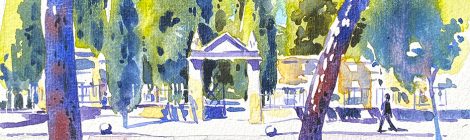 Aquarel·la de l'entrada del cementiri de Vilafranca del Penedès, a l'Alt Penedès.
