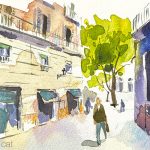 Aquarel·la del carrer Jerusalem al barri del Raval de Barcelona.