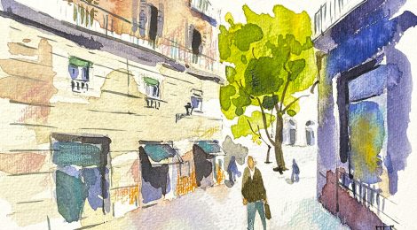 Aquarel·la del carrer Jerusalem al barri del Raval de Barcelona.