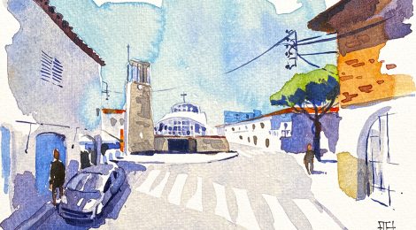 Aquarel·la de l'església de la Sagrada Família al barri dels Pins de Blanes.