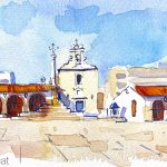 Aquarel·la de la plaça de les sitges de Burjassot, amb l'ermita de Sant Roc.