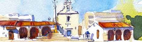 Aquarel·la de la plaça de les sitges de Burjassot, amb l'ermita de Sant Roc.