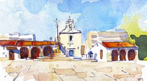 Aquarel·la de la plaça de les sitges de Burjassot, amb l'ermita de Sant Roc.