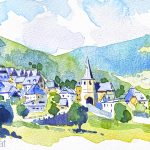 Aquarel·la amb una panoràmica de la població de Gausac a la Vall d'Aran